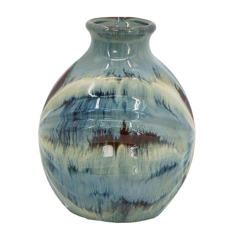 11" Blue Beige And Brown Abstract Round Ceramic Table Vase
