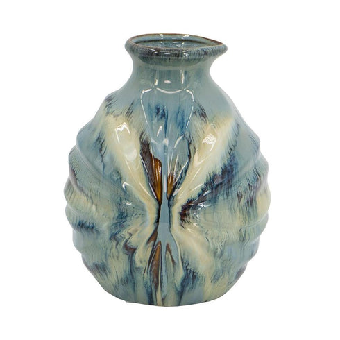 11" Blue Beige And Brown Abstract Round Ceramic Table Vase
