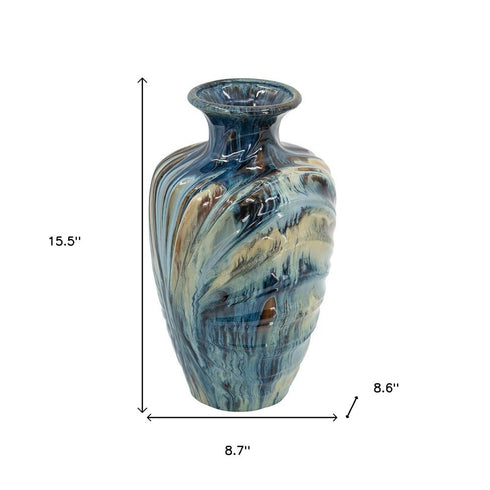 16" Ivory and Blue Ceramic Abstract Round Table Vase