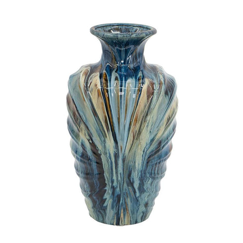 16" Ivory and Blue Ceramic Abstract Round Table Vase