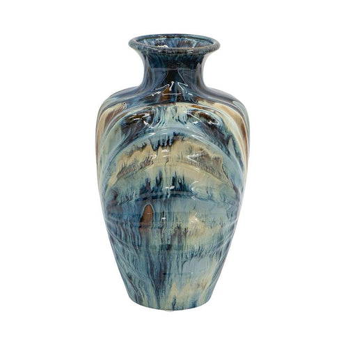 16" Ivory and Blue Ceramic Abstract Round Table Vase