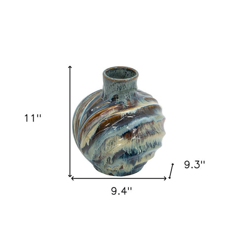 11" Blue Beige And Brown Abstract Wavy Ceramic Table Vase