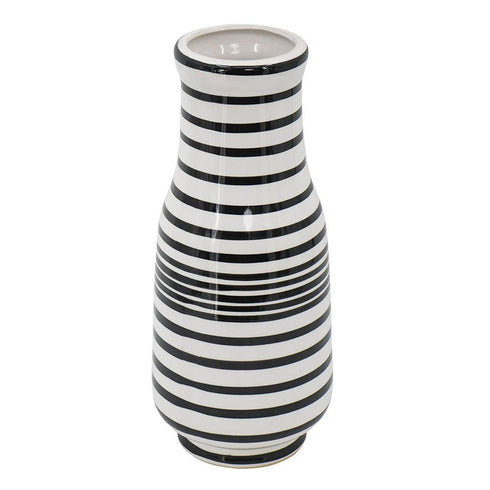 18" Black And White Hand Painted Stripe Ceramic Table Vase