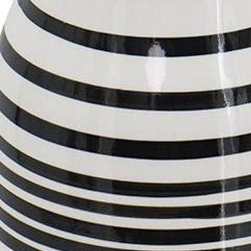 18" Black And White Hand Painted Stripe Ceramic Table Vase