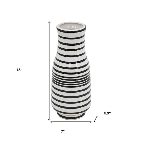 18" Black And White Hand Painted Stripe Ceramic Table Vase