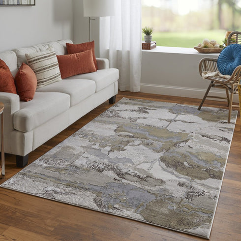9' X 12' Ivory Brown And Gray Abstract Area Rug