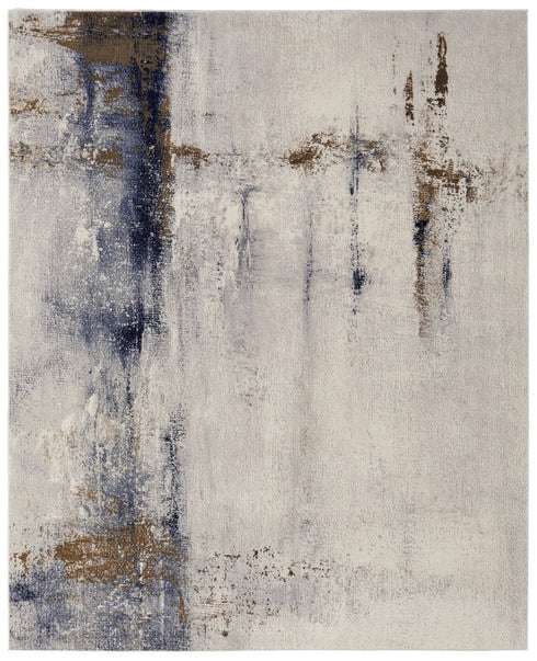 9' X 12' Ivory Blue and Brown Abstract Power Loom Area Rug