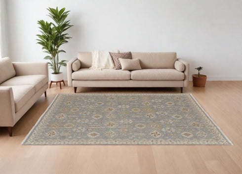 8' X 10' Gray and Ivory Wool Oriental Hand Knotted Area Rug With Fringe