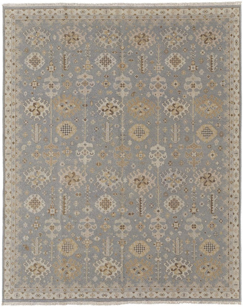 8' X 10' Gray and Ivory Wool Oriental Hand Knotted Area Rug With Fringe