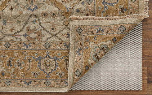 6' X 9' Ivory Gray and Tan Wool Oriental Hand Knotted Area Rug With Fringe