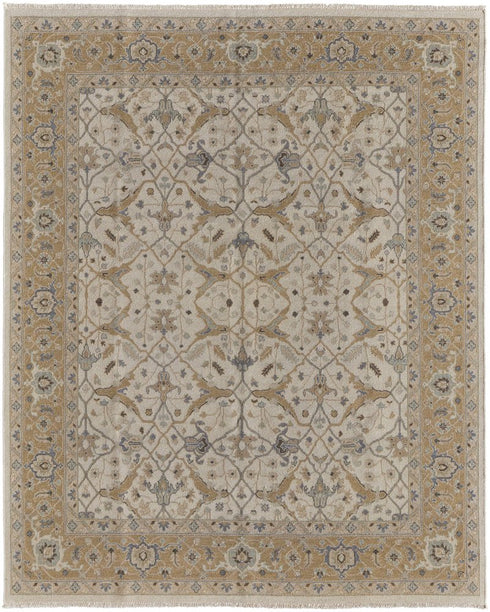6' X 9' Ivory Gray and Tan Wool Oriental Hand Knotted Area Rug With Fringe
