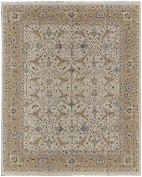6' X 9' Ivory Gray and Tan Wool Oriental Hand Knotted Area Rug With Fringe