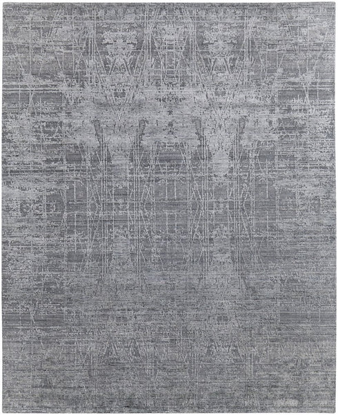 9' X 12' Gray and Silver Abstract Hand Woven Worn Faded Area Rug