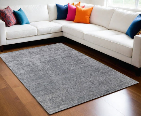 9' X 12' Gray and Silver Abstract Hand Woven Worn Faded Area Rug