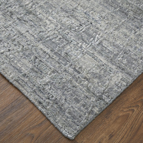 9' X 12' Gray and Silver Abstract Hand Woven Worn Faded Area Rug