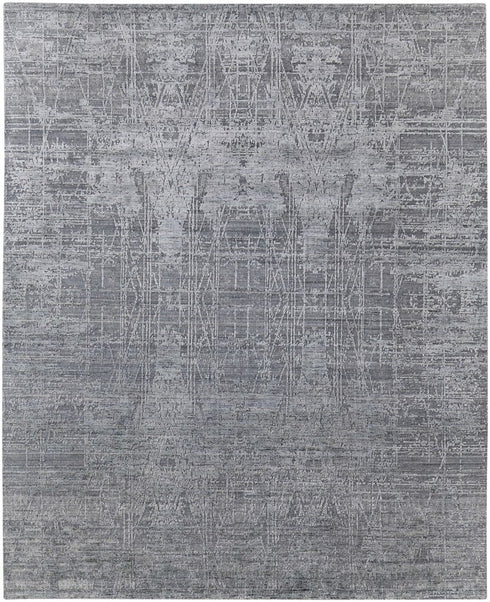 9' X 12' Gray and Silver Abstract Hand Woven Worn Faded Area Rug