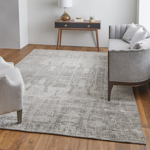 8' X 10' Gray and Silver Abstract Hand Woven Worn Faded Area Rug