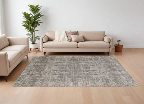 8' X 10' Gray and Silver Abstract Hand Woven Worn Faded Area Rug