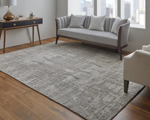 8' X 10' Gray and Silver Abstract Hand Woven Worn Faded Area Rug