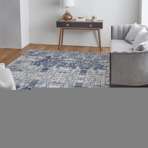 8' X 10' Blue and Ivory Abstract Hand Woven Worn Faded Area Rug