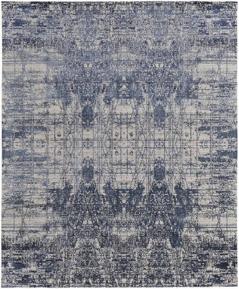 8' X 10' Blue and Ivory Abstract Hand Woven Worn Faded Area Rug