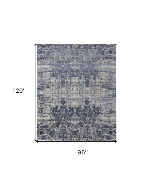8' X 10' Blue and Ivory Abstract Hand Woven Worn Faded Area Rug
