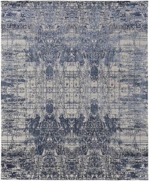 8' X 10' Blue and Ivory Abstract Hand Woven Worn Faded Area Rug