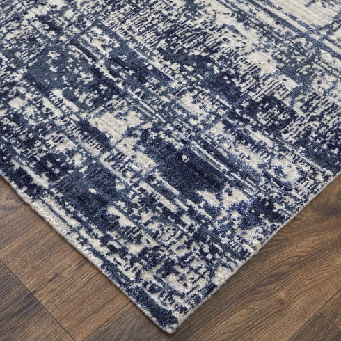 9' X 12' Blue and Ivory Abstract Hand Woven Worn Faded Area Rug