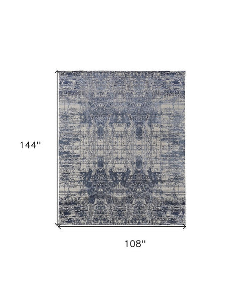 9' X 12' Blue and Ivory Abstract Hand Woven Worn Faded Area Rug