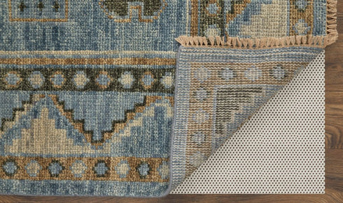 8' X 10' Ivory Tan and Blue Wool Oriental Hand Knotted Area Rug With Fringe