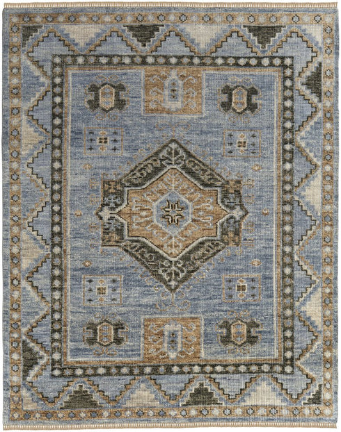 8' X 10' Ivory Tan and Blue Wool Oriental Hand Knotted Area Rug With Fringe