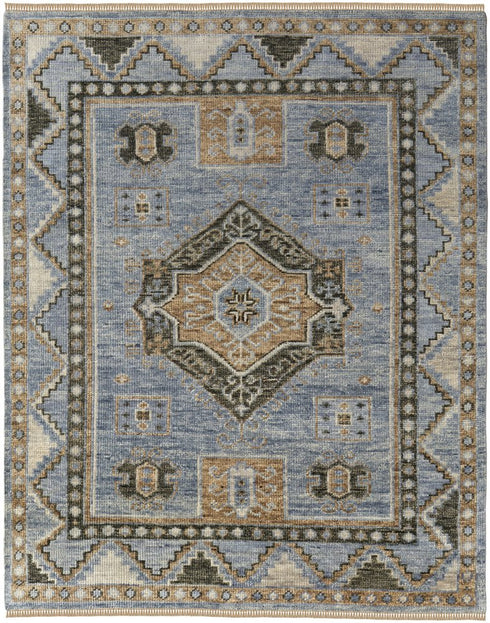 8' X 10' Ivory Tan and Blue Wool Oriental Hand Knotted Area Rug With Fringe
