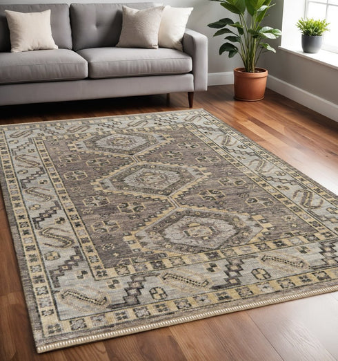 8' X 10' Ivory Gray And Brown Wool Geometric Hand Knotted Area Rug With Fringe
