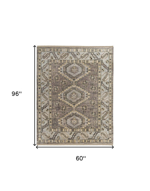 8' X 10' Ivory Gray And Brown Wool Geometric Hand Knotted Area Rug With Fringe