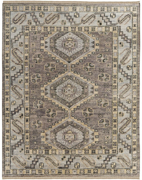 8' X 10' Ivory Gray And Brown Wool Geometric Hand Knotted Area Rug With Fringe