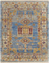 9' X 12' Blue Red and Yellow Wool Geometric Hand Knotted Area Rug With Fringe