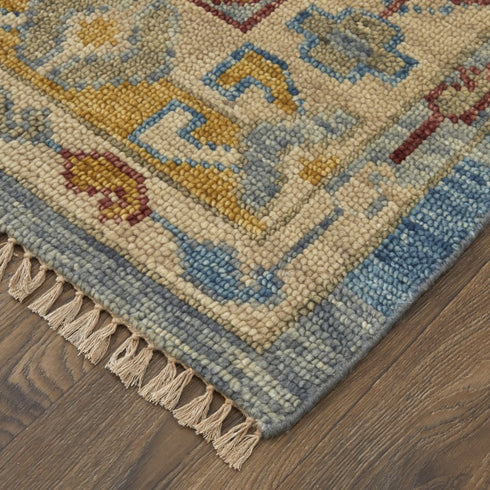 9' X 12' Blue Red and Yellow Wool Geometric Hand Knotted Area Rug With Fringe