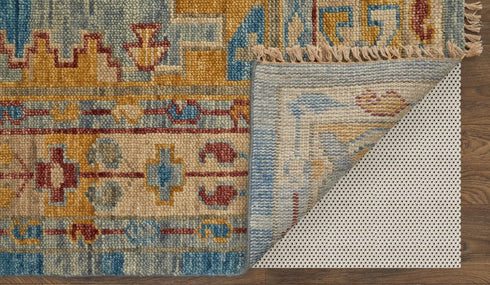 9' X 12' Blue Red and Yellow Wool Geometric Hand Knotted Area Rug With Fringe