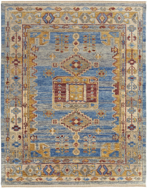 9' X 12' Blue Red and Yellow Wool Geometric Hand Knotted Area Rug With Fringe