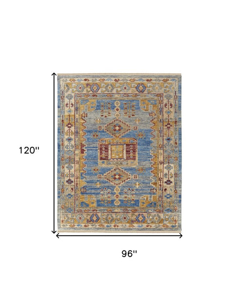 9' X 12' Blue Red and Yellow Wool Geometric Hand Knotted Area Rug With Fringe