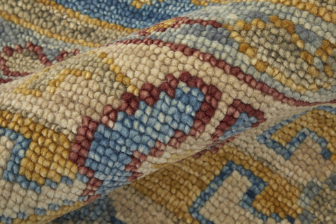 9' X 12' Blue Red and Yellow Wool Geometric Hand Knotted Area Rug With Fringe