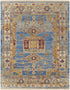 9' X 12' Blue Red and Yellow Wool Geometric Hand Knotted Area Rug With Fringe