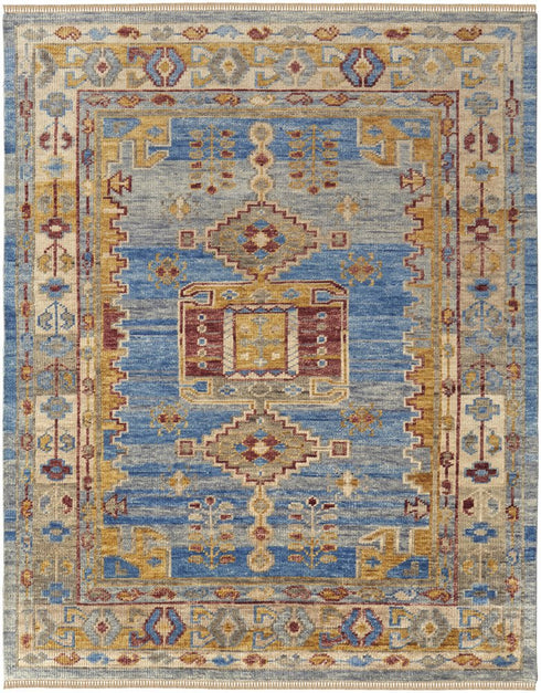9' X 12' Blue Red and Yellow Wool Geometric Hand Knotted Area Rug With Fringe