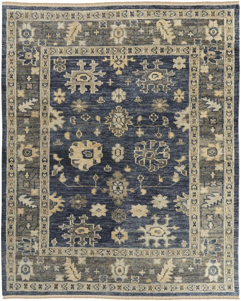 8' X 10' Blue and Gray Wool Floral Hand Knotted Area Rug With Fringe
