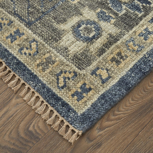 8' X 10' Blue and Gray Wool Floral Hand Knotted Area Rug With Fringe