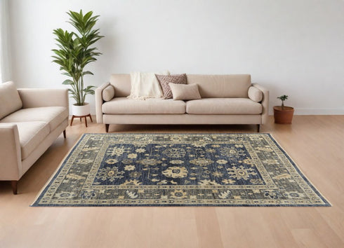 8' X 10' Blue and Gray Wool Floral Hand Knotted Area Rug With Fringe