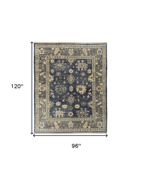8' X 10' Blue and Gray Wool Floral Hand Knotted Area Rug With Fringe