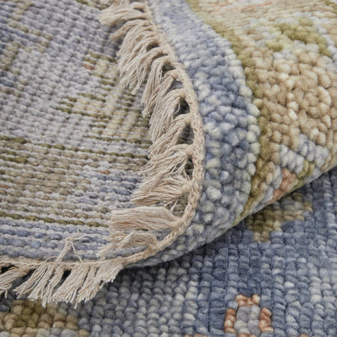 9' X 12' Blue Green And Yellow Geometric Hand Knotted Area Rug With Fringe