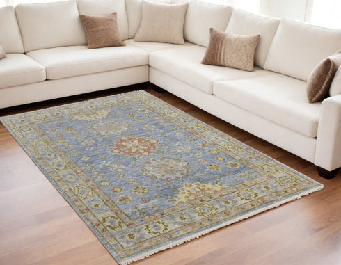9' X 12' Blue Green And Yellow Geometric Hand Knotted Area Rug With Fringe