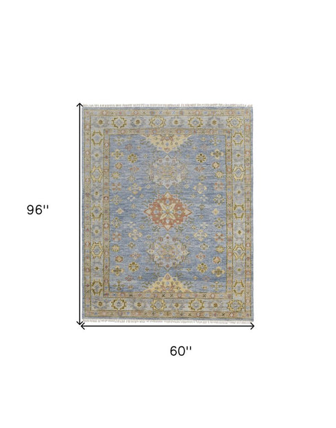 9' X 12' Blue Green And Yellow Geometric Hand Knotted Area Rug With Fringe